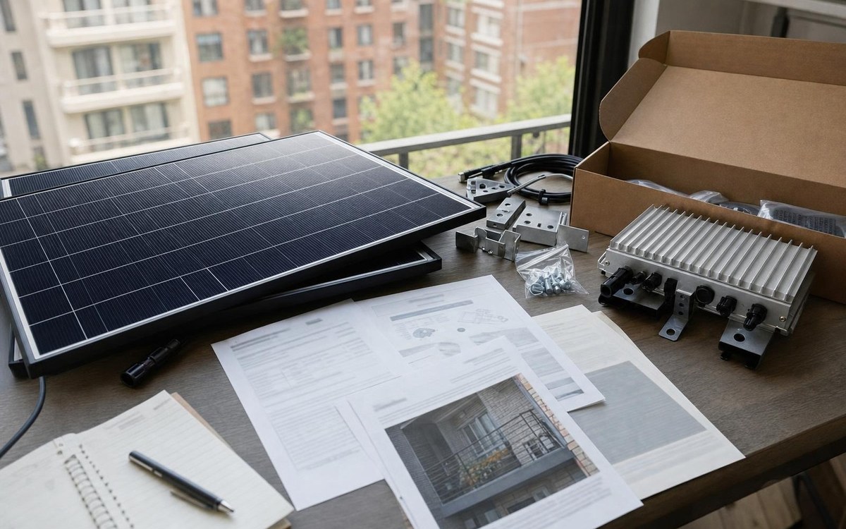 Balcony solar device and property checklist Compact solar panels, mounting hardware, and generic product documents arranged for a New Jersey balcony installation review.