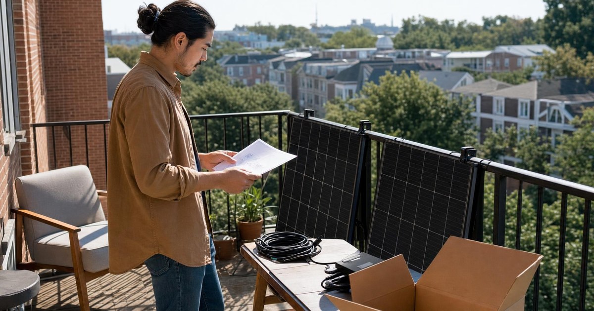 New Jersey apartment resident reviewing a small plug-in solar panel setup on a sunlit balcony.